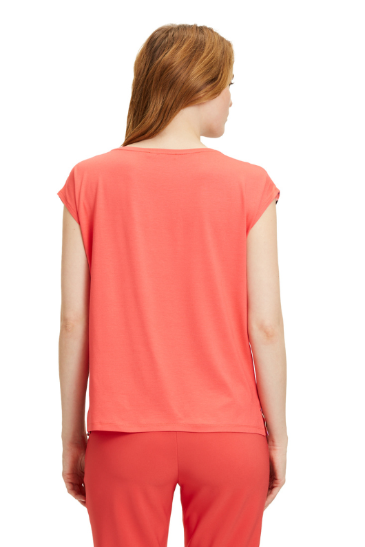 An image of a model wearing the Betty Barclay Cap Sleeve Blouse Top in the colour Red/Beige.
