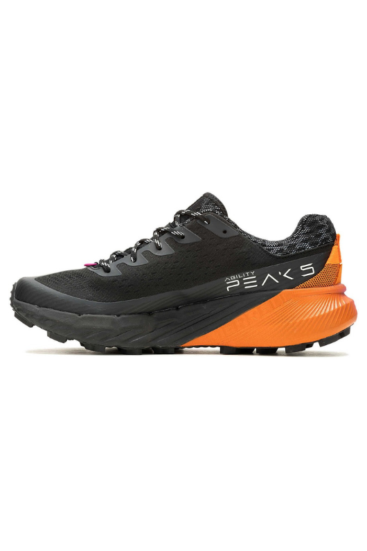 Merrell Agility Peak 5 Trainer. A pair of black/orange/pink trainers that are lightweight, with enhanced grip and traction.