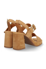 Alpe Platform Sandal. A tan, block heel sandal with an open toe, thick buckle strap fastening, and a chic suede finish