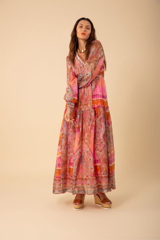 An image of a model wearing the Hale Bob Allison Chiffon Maxi Dress in Pink.