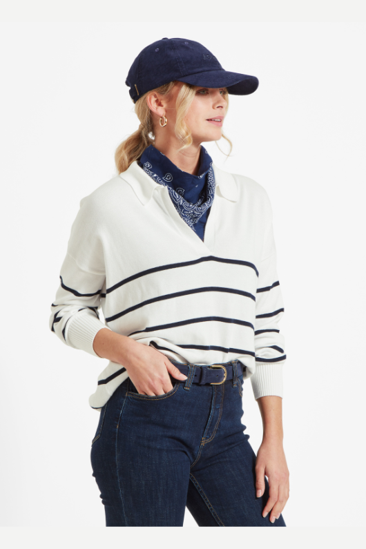 Schoffel Roseland Jumper. A super soft, relaxed fit jumper with an open-collared neck, and a thin navy stripe design