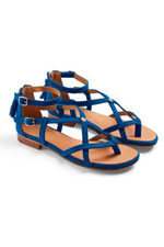 Fairfax & Favor Brancaster Sandal Suede. A pair of strappy Porto Blue coloured sandals with padded insole, tassel detail, and shield logo.