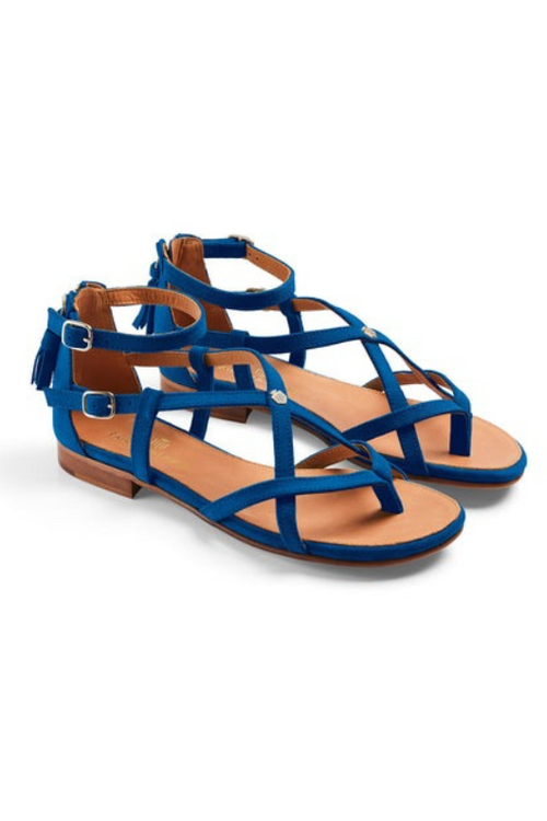 Fairfax & Favor Brancaster Sandal Suede. A pair of strappy Porto Blue coloured sandals with padded insole, tassel detail, and shield logo.