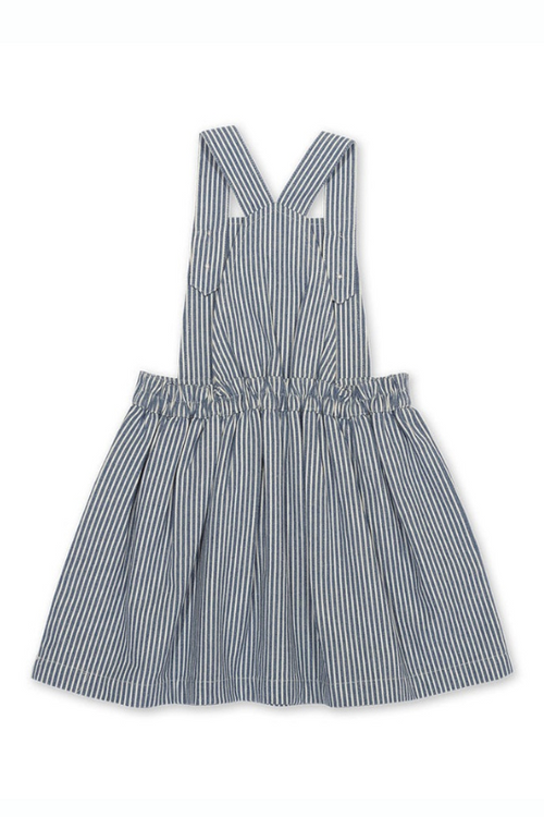 Kite Pinafore. A striped pinafore with heart pocket and bumble bee embroidery. This pinafore has adjustable straps and elasticated waistband.