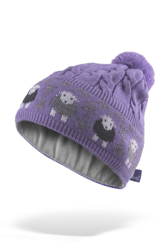 An image of the Herdy Company Cable Knit Bobble Hat in Purple with a pom-pom and sheep design.