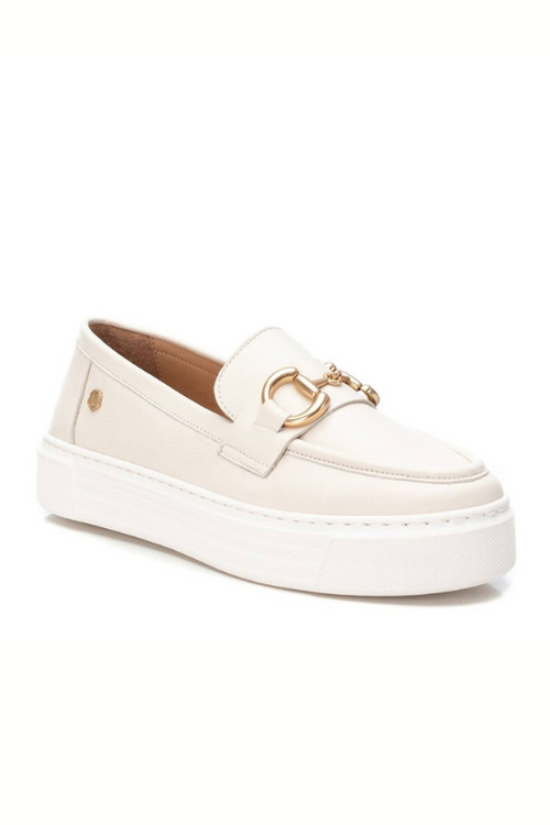 Carmela Platform Loafer. A pair of slip-on, cream leather loafers with gold detail, padded inner and non-slip sole.
