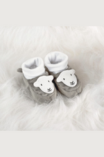 The Herdy Company Baby Booties in grey with a cute sheep head design.