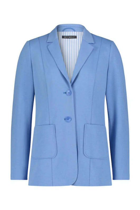An image of the Betty Barclay Blazer, with lapel collar, patch pockets, padded shoulders, and button fastenings. The colour of this blazer is aqua blue.