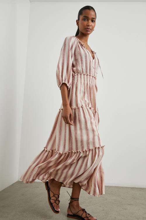 An image of a female model wearing the Rails Caterine Dress in the colour Camino Stripe.