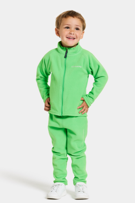 Didriksons Monte Jacket. A boys mid-layer jacket in green with zip fastening, chin guard, and a thermal fleece finish