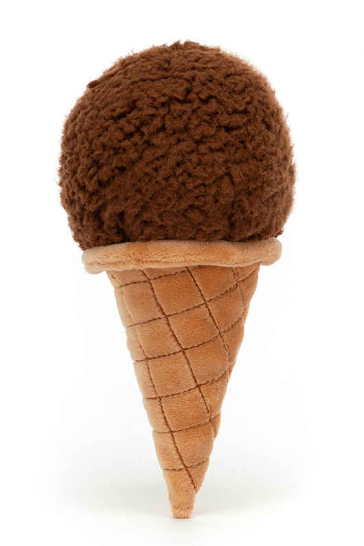 Jellycat Irresistible Chocolate Ice Cream. A soft toy ice cream with fluffy brown ice cream scoop, waffle cone, and smiling face.