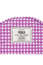 An image of the Roka London Paddington B Purple Gingham Recycled Canvas Crossbody Shoulder Bag.