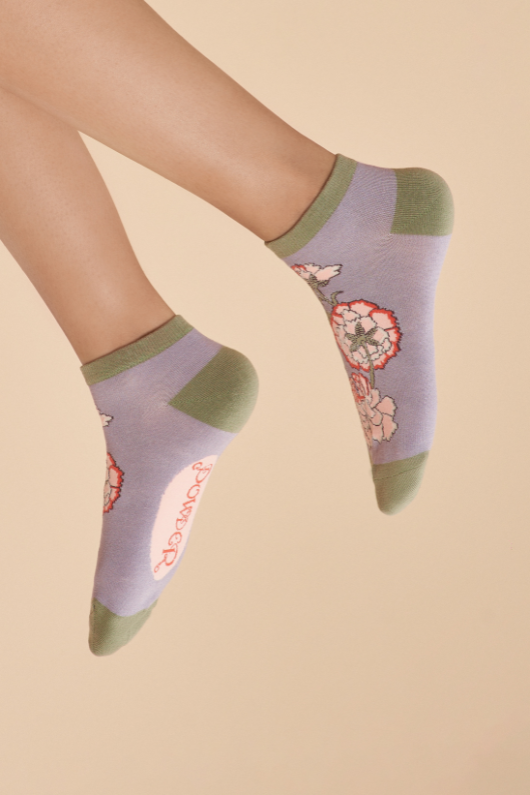 Powder Trainer Socks. Super comfy cotton & bamboo mix socks with a lilac floral design.