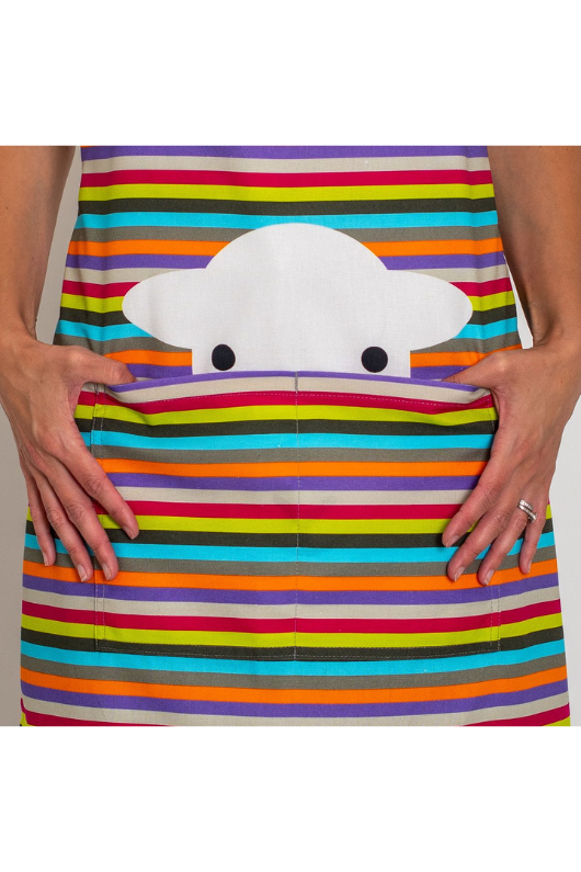 An image on the Herdy Company Peep Stripe Apron on model.