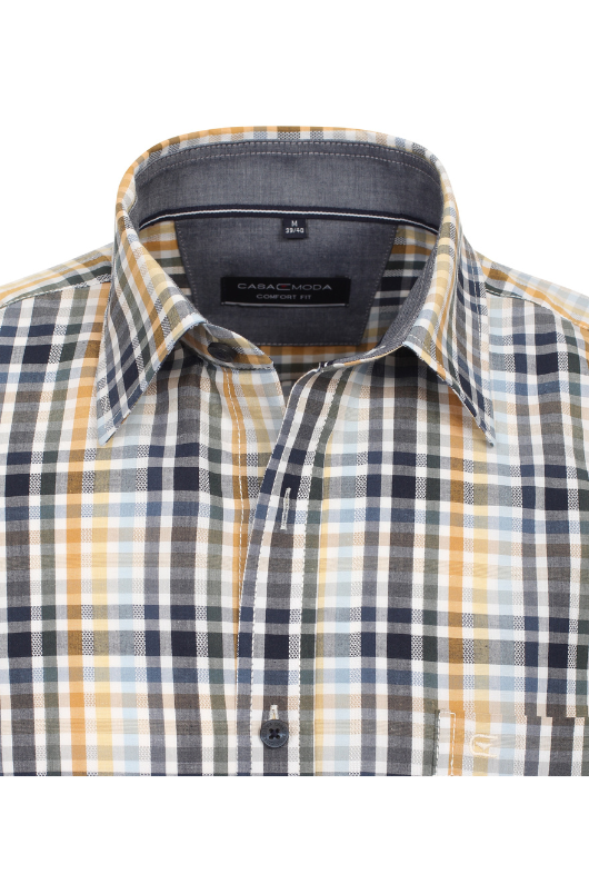 Casa Moda Long Sleeve Check Shirt. A long sleeve shirt with yellow check pattern in a slightly fitted style. This shirt has a Kent collar and button fastening.