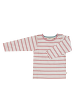 Pigeon Organics Long Sleeve Stripe T-Shirt. A long sleeve, round neck T-shirt with pink stripes.