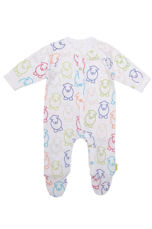 An image of the Herdy Company's Baby Marra Sleepsuit with colourful sheep outlines all-over.