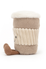 Jellycat Amuseable Coffee-To-Go. A soft toy coffee cup with brown fur, legs, and smiling face.