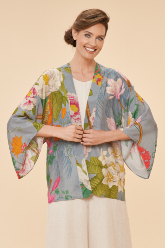 Powder Kimono Jacket. A hip-length, open style jacket with a blue floral print