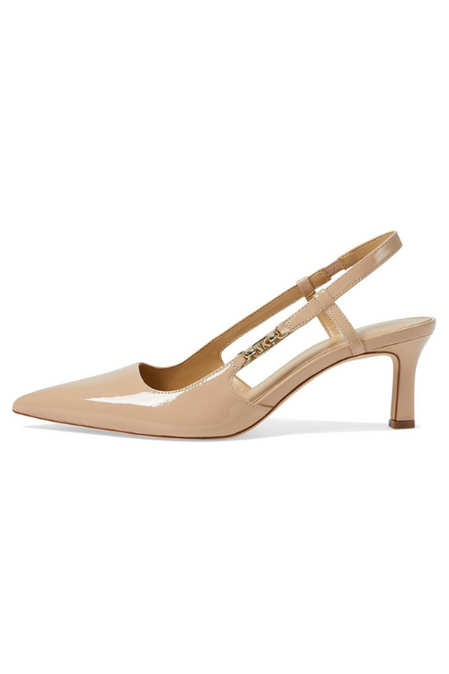 Michael Kors Daniella Mid Sling. Stylish heeled sandals with a pointed toe, sling-back with MK logo clasp, and a medium heel