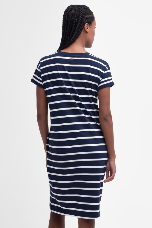 An image of a female model wearing the Barbour Otterburn Striped Midi Dress in the colour Navy/White.