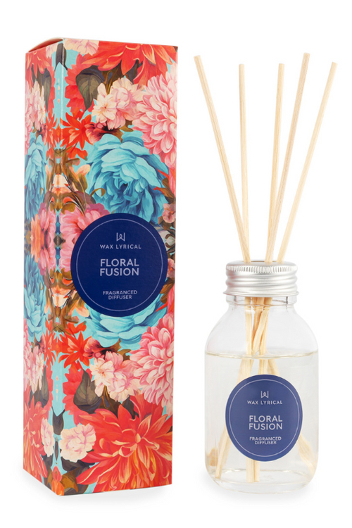 A reed diffuser with floral packaging, with notes of rose, sunflower, lily of the valley, amber, and patchouli.