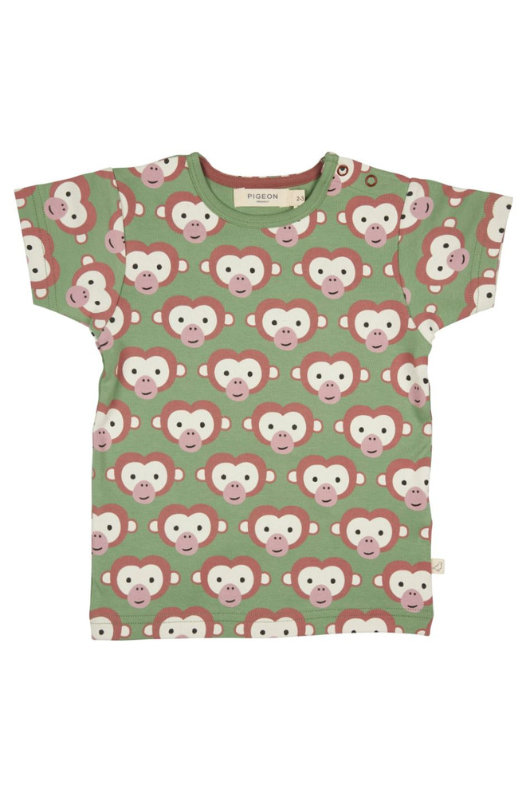 Pigeon Organics Short Sleeve T-Shirt. A short sleeve T-shirt with round neckline, shoulder poppers (up to 3-4y), and green monkey print.