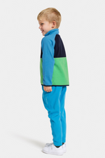 Didriksons Monte 3 Button Fleece. A boys mid-layer sweater in a green & blue design and a button placket, elastic binding on the sleeve and a thermal, microfleece finish.