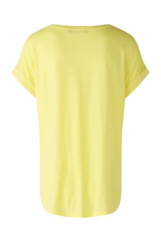 Oui Plain Cap Sleeve T-Shirt. A yellow top with short sleeves, wide neck, and split hem.