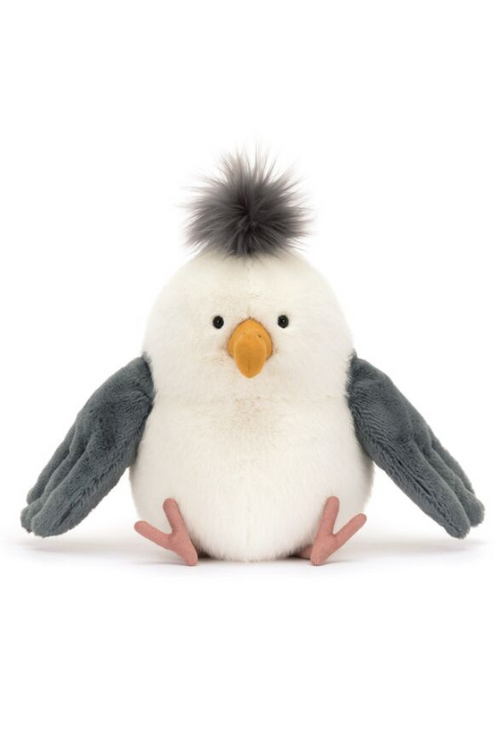 Jellycat Chip Seagull. A seagull soft toy with tufty hair, orange beak, and grey wings.