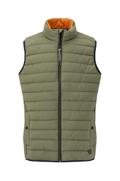 Fynch-Hatton Padded Gilet. A casual fit, men's gilet with a cosy stand-up collar, side pockets, zip fastening, and a cool dusty olive green design.