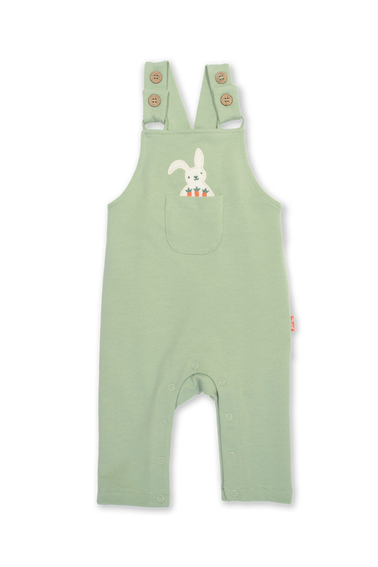 Kite Dungarees. A pair of green dungarees with bunny applique made from stretch fabric.