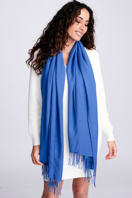 Pia Rossini Pashmina. Azure blue pashmina with fringe detailed edges.