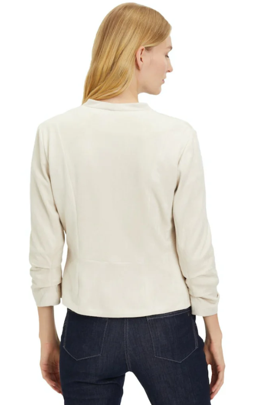 An image of the Betty Barclay Blazer in the colour sand, with 3/4 length sleeves, in a slightly cropped style.