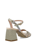 Menbur Sparkly Mid Heel Slingback shoe with buckle fastening, gold strappy detail and a 5cm block heel
