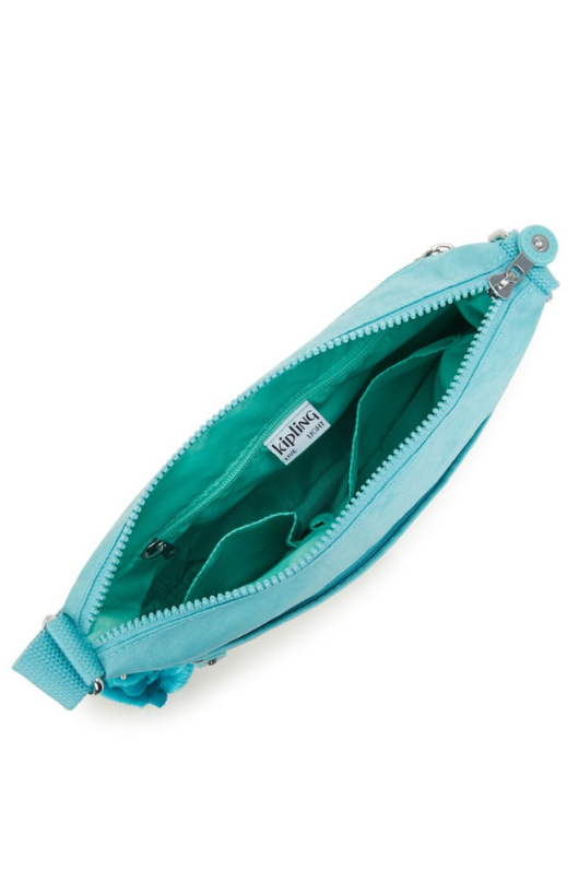Kipling Arto Crossbody Bag. An aqua crossbody bag with multiple compartments, zip closure, and Kipling logo/monkey charm.