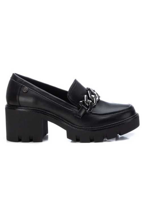 Xti Chunky Heel Loafer. A black vegan leather loafer with chain detail and chunky heeled sole.