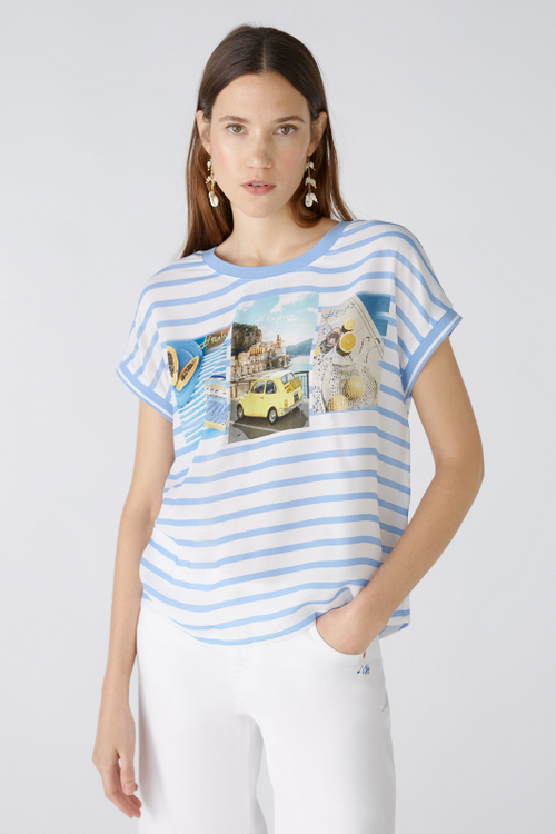 Oui Stripe & Image T-Shirt. A causal fit T-shirt with short sleeves, round neckline, blue/white striped pattern, and motif of the front.