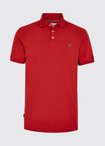 Dubarry Quinlan Polo Shirt. A short sleeve polo with collar, button fastenings, logo embroidery, and anti microbial/UPF 40 finish. Engine Red.