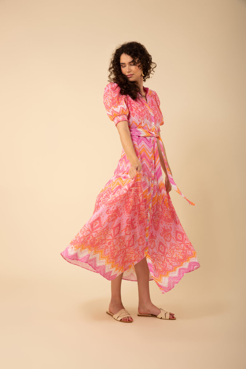 An image of a model wearing the Hale Bob Sydney Linen Maxi Dress in the colour Pink