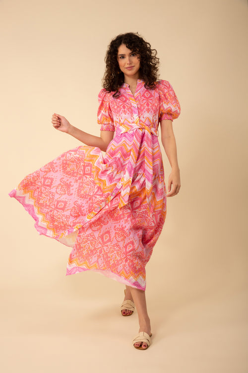 An image of a model wearing the Hale Bob Sydney Linen Maxi Dress in the colour Pink.