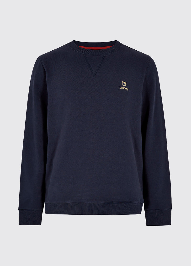 Dubarry Spencer Sweatshirt. A regular fit navy sweatshirt with long sleeves, crew neck and logo embroidery.