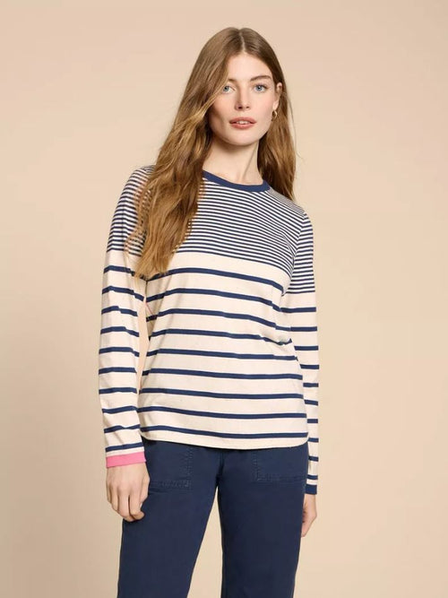 White Stuff Clara Long Sleeve Tee with a crew neck and a classic striped design