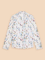 White Stuff Annie Printed Cotton Shirt. A slim-fit, women's shirt with a V-neck, button fastening and a colourful small heart print on a white background.