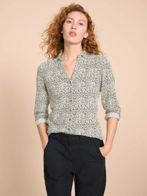White Stuff Annie Jersey Shirt with V-neck, button fastening and a chic abstract design