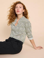 White Stuff Annie Jersey Shirt with V-neck, button fastening and a chic abstract design