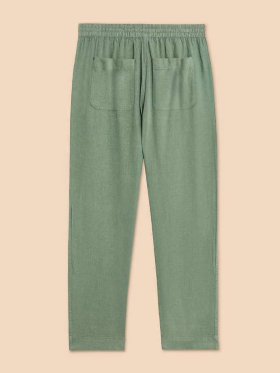 White Stuff Elle Linen Blend Trouser. Relaxed-fit, women's trousers with a tie-waist, ankle length, pockets, and a super comfy finish.