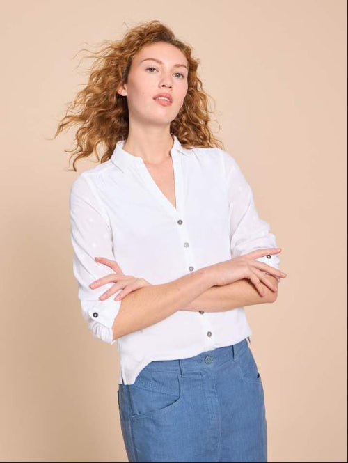 White Stuff Annie Mix Shirt with V-neck, button fastening and subtle embroidery detail on the sleeves