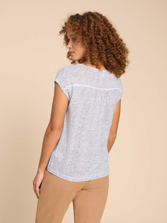 White Stuff Nina Linen Tank. A relaxed fit sleeveless top with V-neck and gathered shoulders in a white and blue striped print.