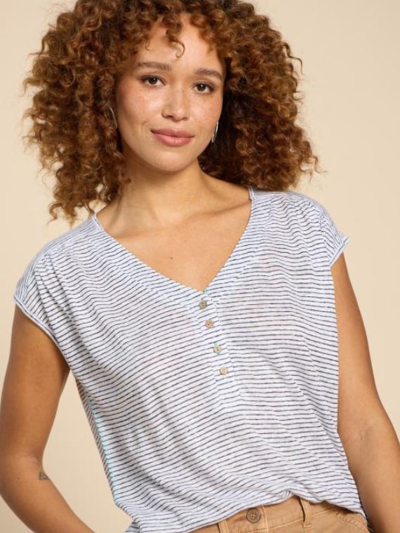 White Stuff Nina Linen Tank. A relaxed fit sleeveless top with V-neck and gathered shoulders in a white and blue striped print.